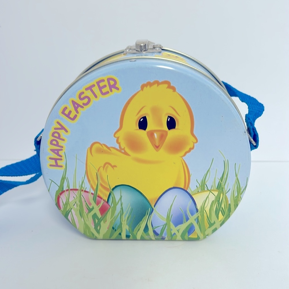 Vintage Happy Easter Metal Hard Case 5” Tall Purse With Strap Chicks Eggs Grass